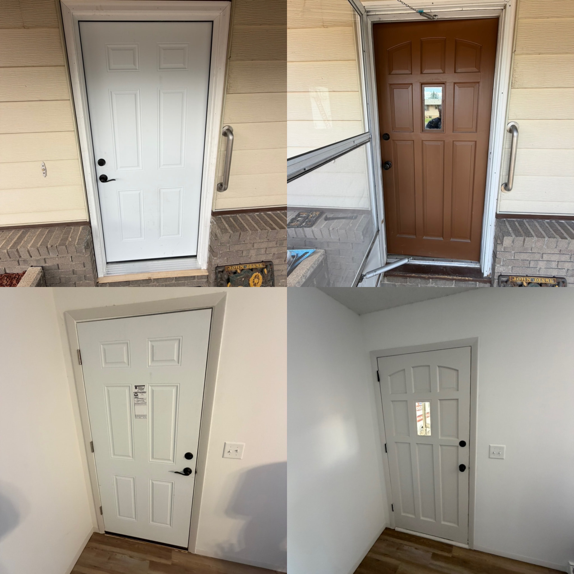 Exterior entry door replaced, shown from outside and inside before and after