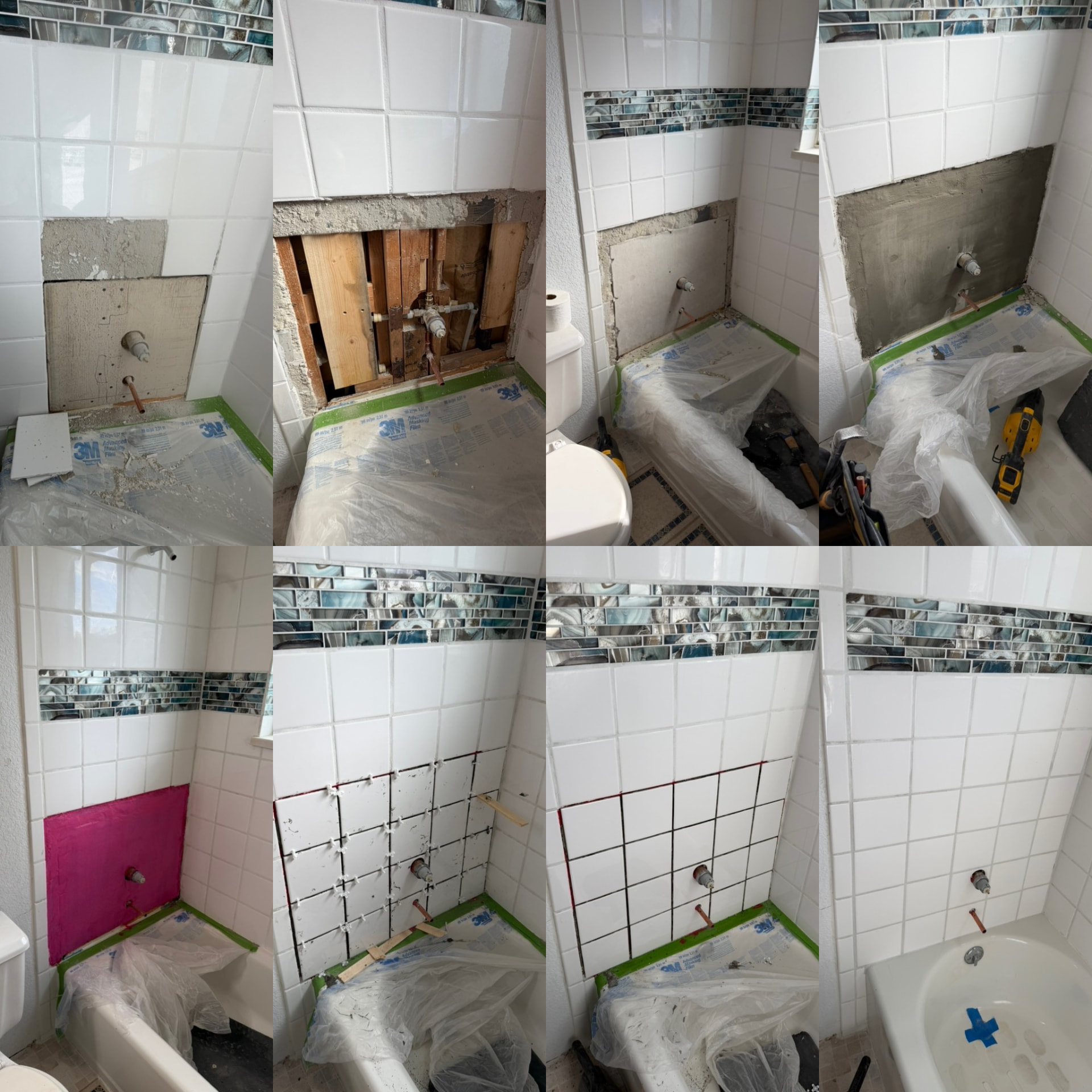Step-by-step tile shower wall repair around a replaced tub and shower valve