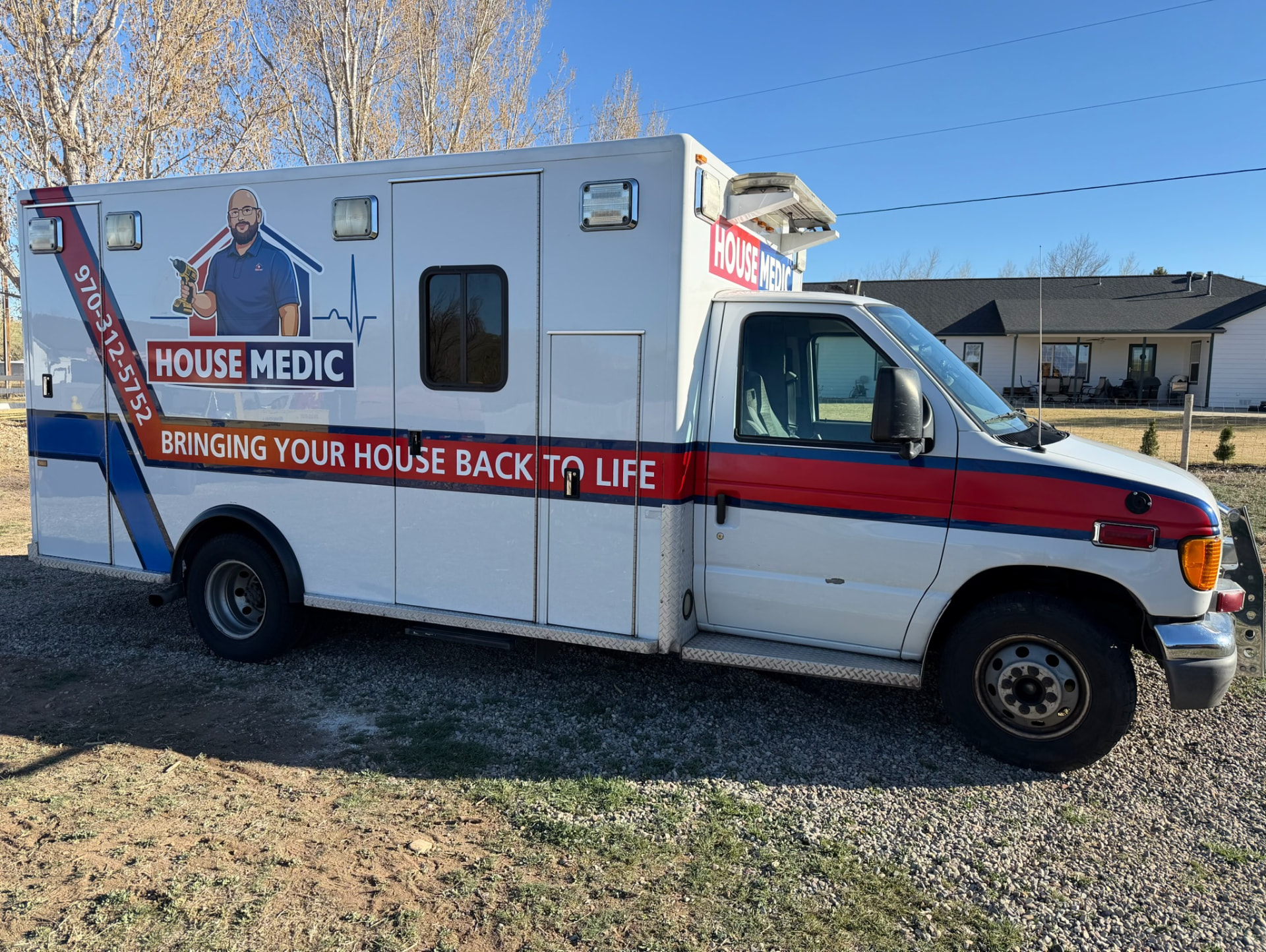 House Medic service truck, a converted ambulance with company branding