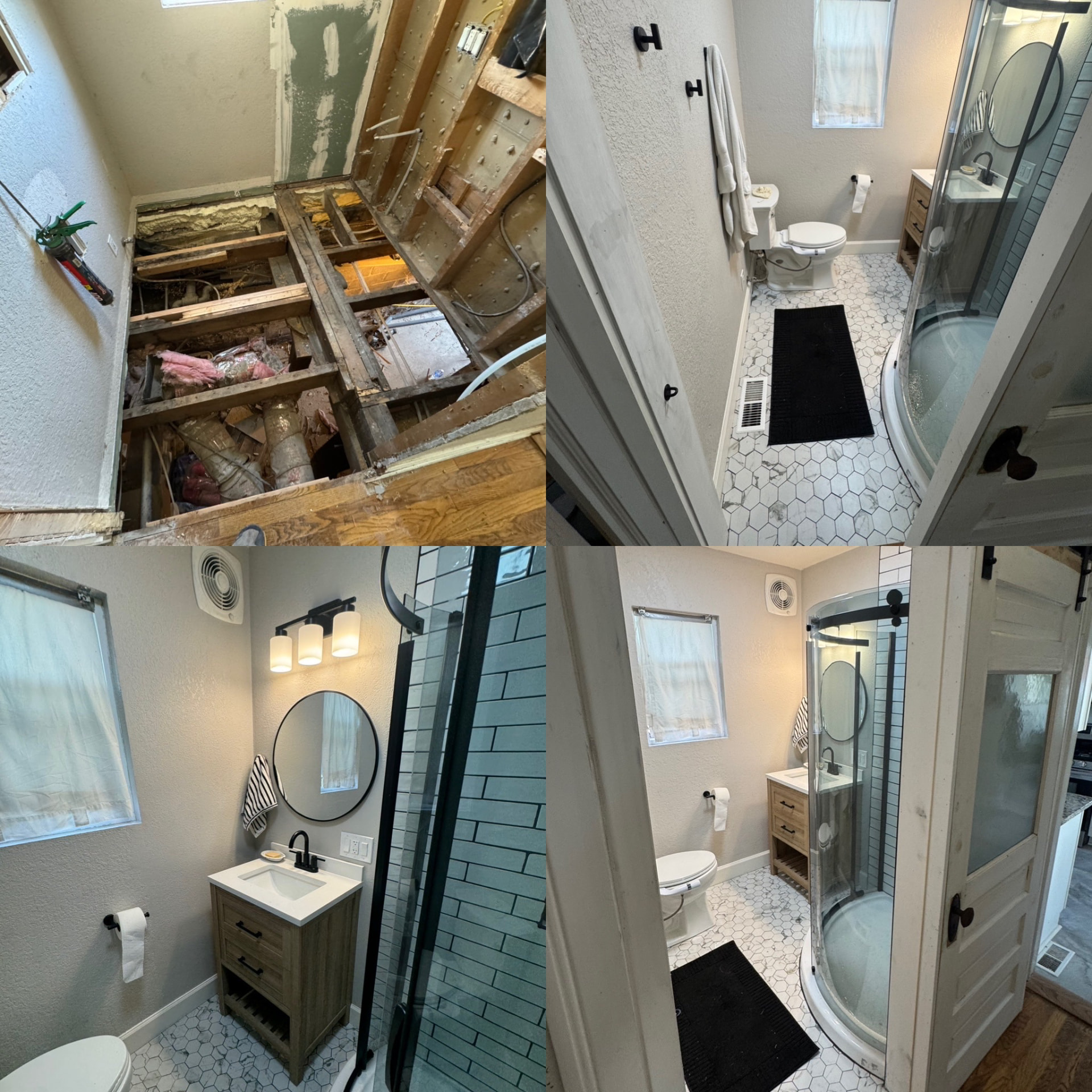 Bathroom remodel before and after showing rotted subfloor repair, hex tile floor, new vanity and corner shower