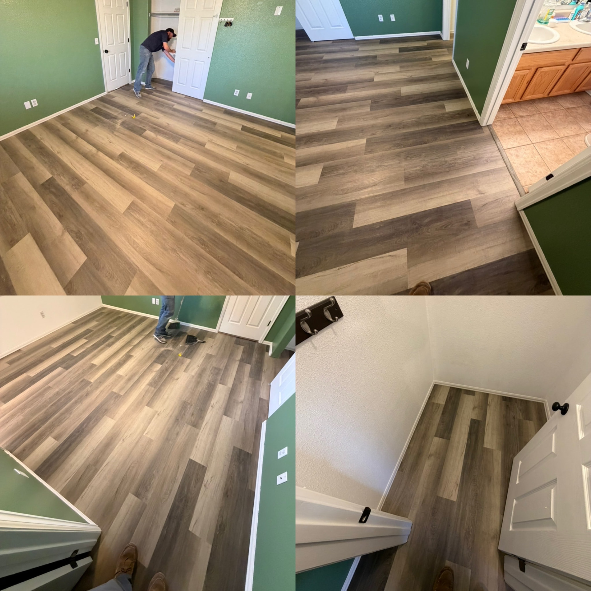 Luxury vinyl plank flooring installed through bedroom and hallway with new baseboards