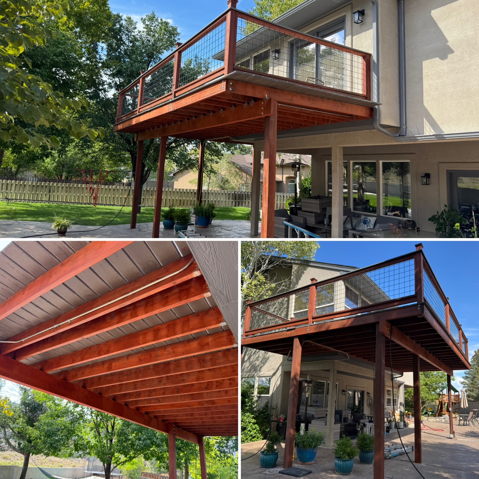 Elevated stained wood deck with wire mesh railing above a covered patio
