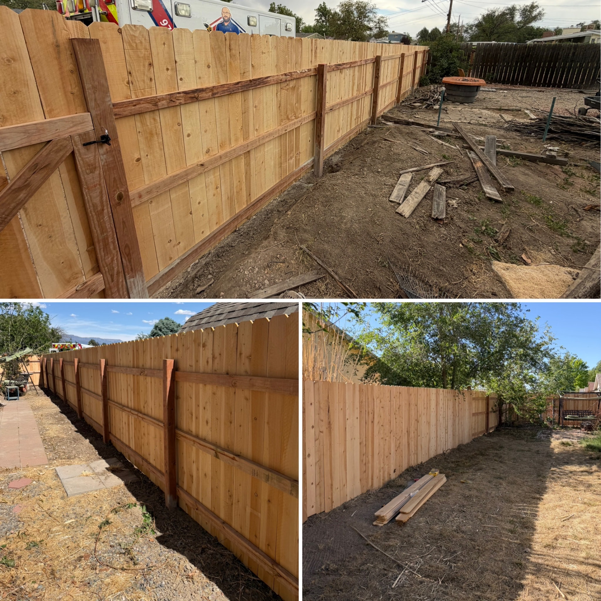 New cedar privacy fence with gate installed along a backyard property line